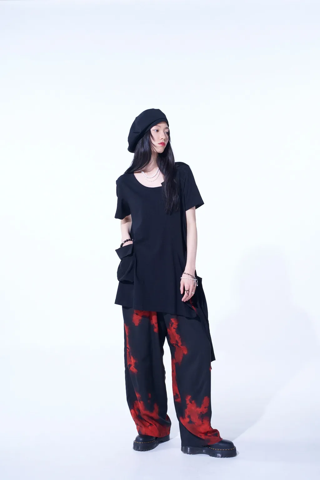 Soft Jersey+Crepe De Chine Pocket Side Slit Knot T-Shirt