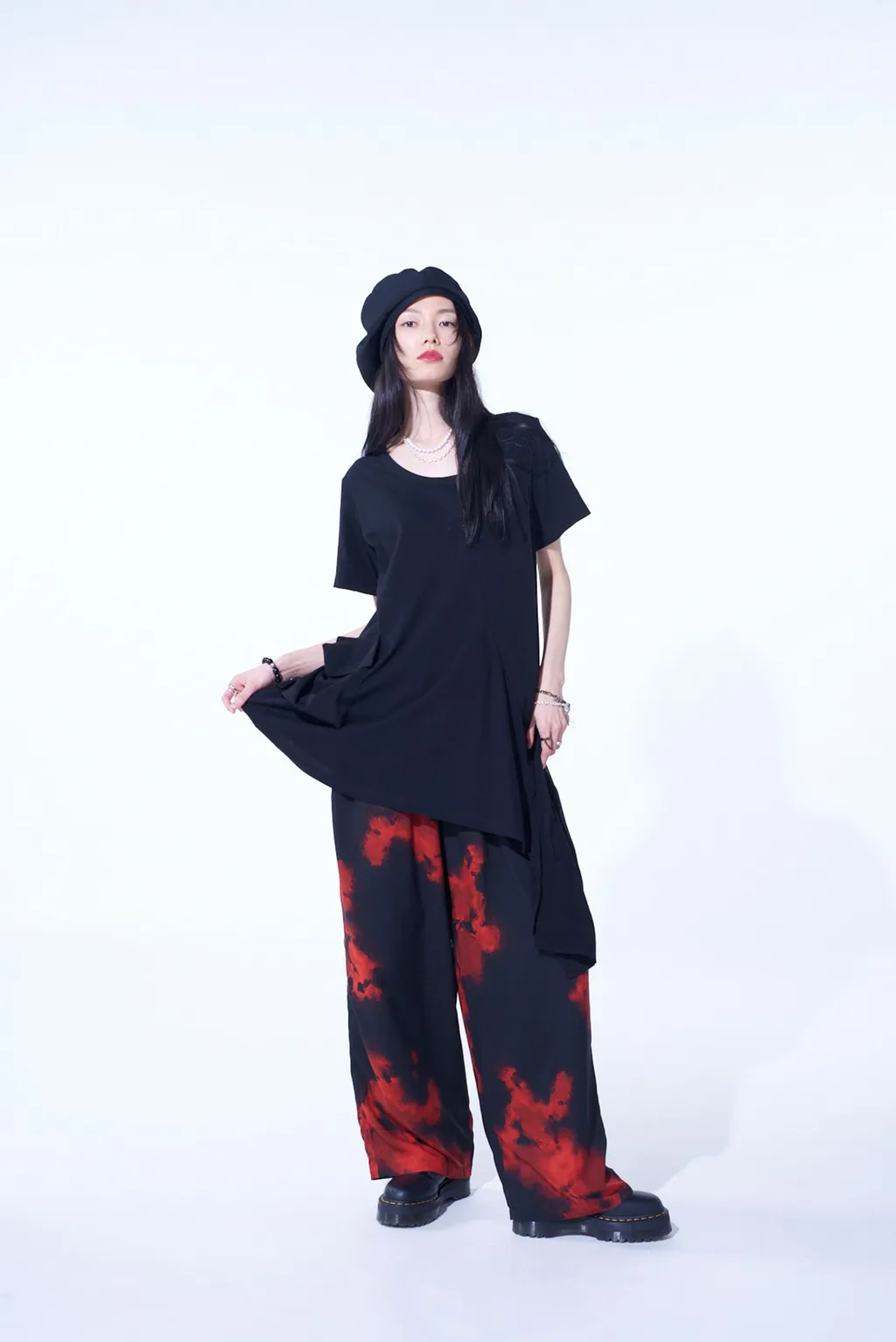 Soft Jersey+Crepe De Chine Pocket Side Slit Knot T-Shirt