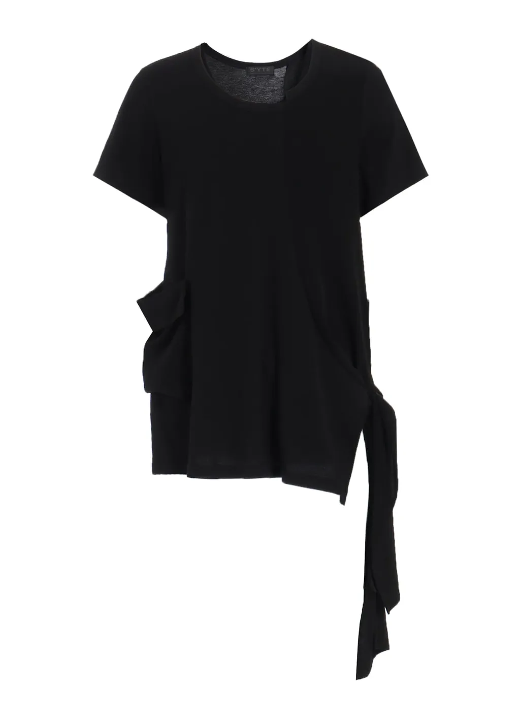Soft Jersey+Crepe De Chine Pocket Side Slit Knot T-Shirt