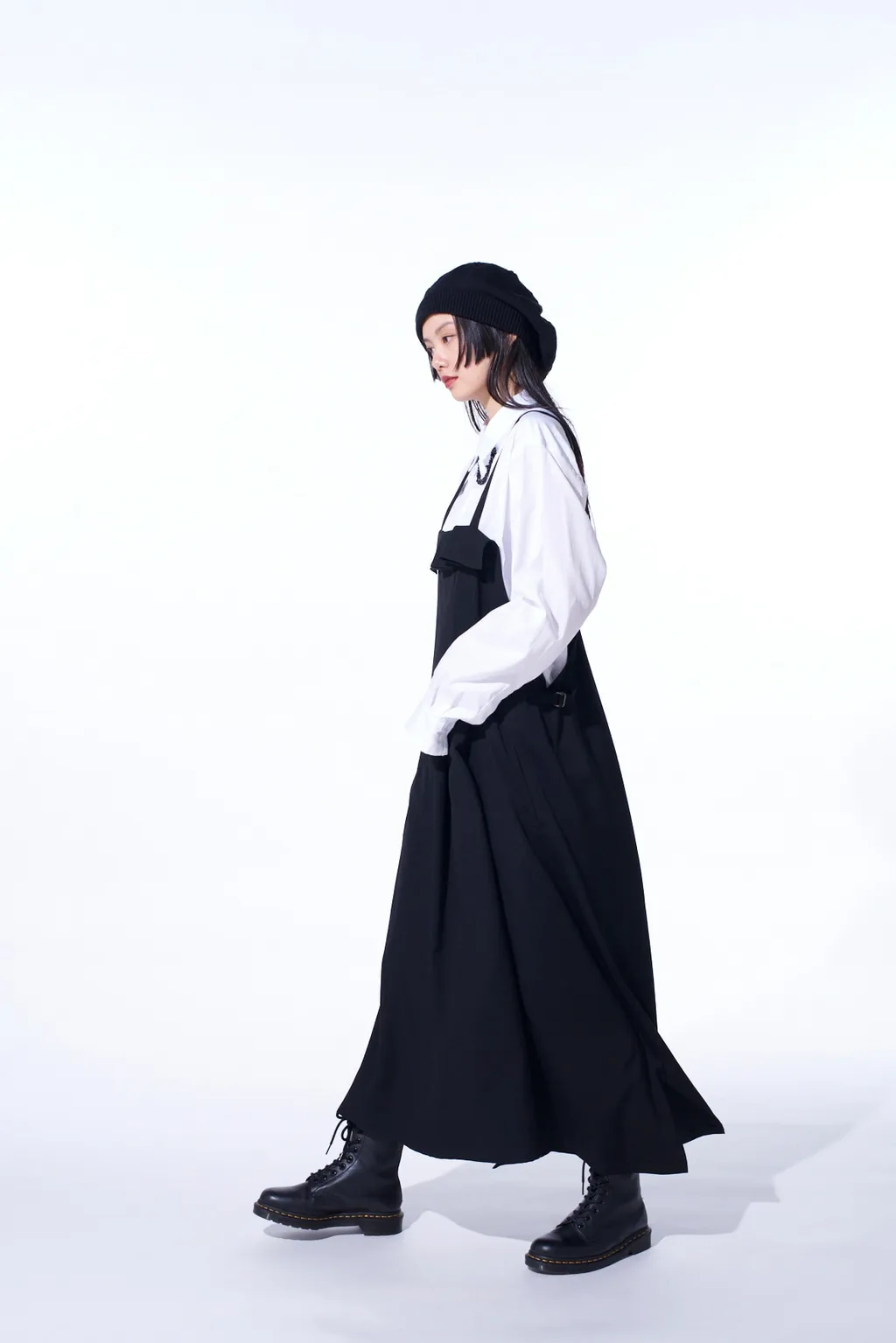 Washer Wool Gabardine Pleated Shoulder Strap Dress