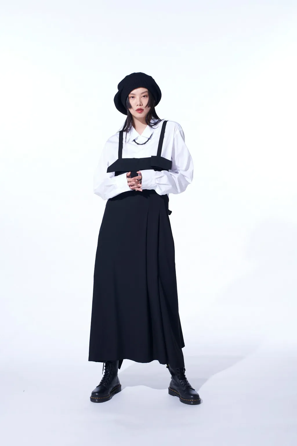 Washer Wool Gabardine Pleated Shoulder Strap Dress