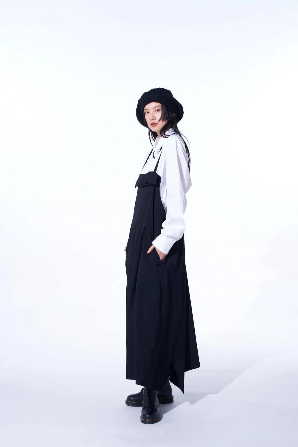 Washer Wool Gabardine Pleated Shoulder Strap Dress