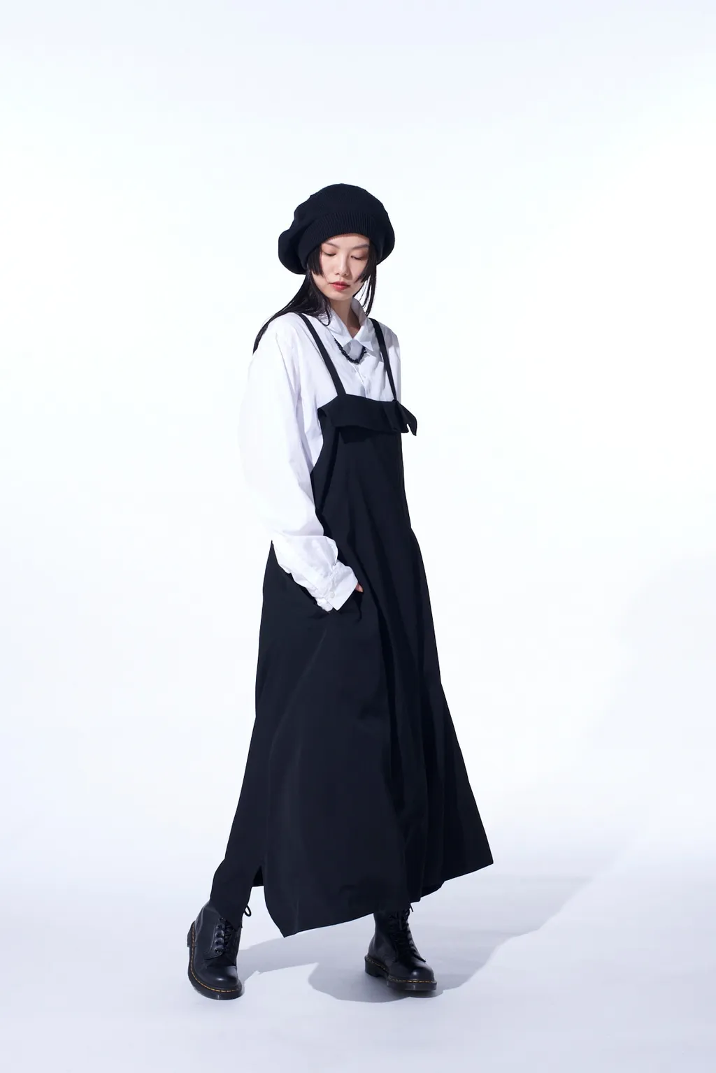 Washer Wool Gabardine Pleated Shoulder Strap Dress