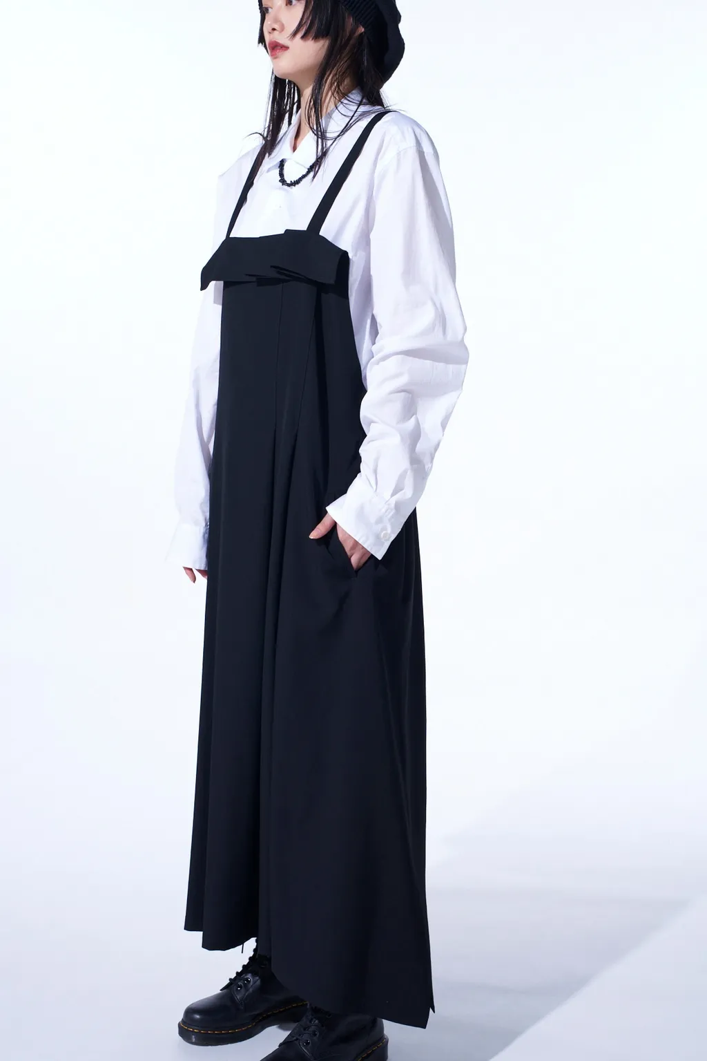Washer Wool Gabardine Pleated Shoulder Strap Dress