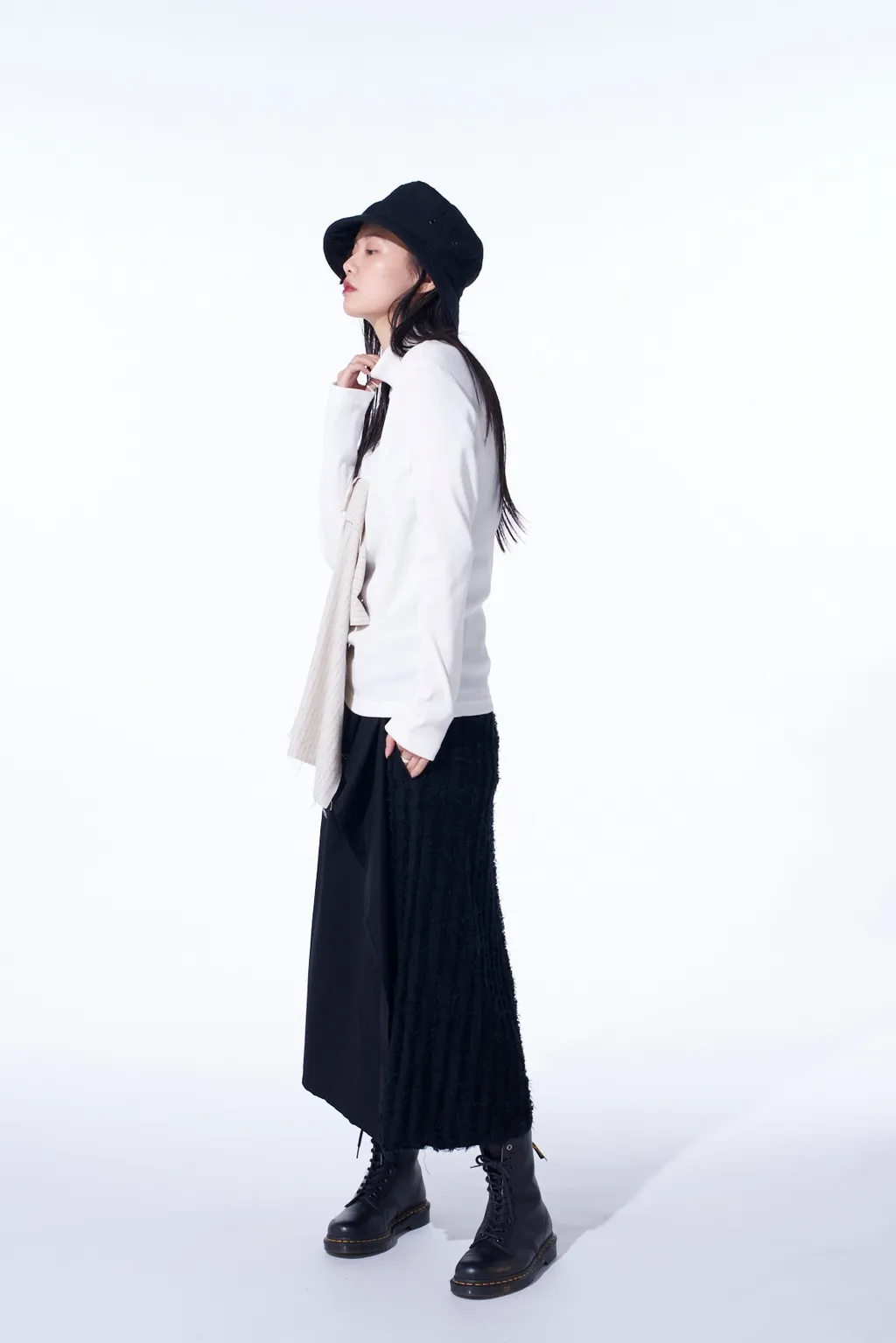 Cotton Rib Jersey Long-Sleeved High-Neck T-Shirt With Pleated Stripes Fabric
