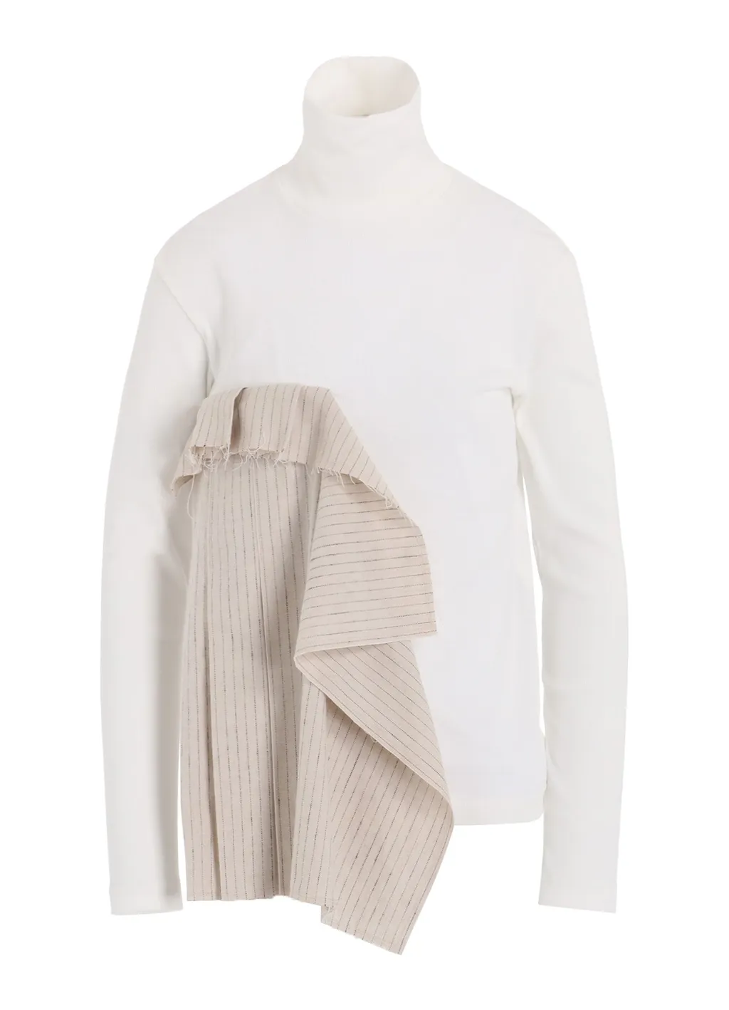 Cotton Rib Jersey Long-Sleeved High-Neck T-Shirt With Pleated Stripes Fabric