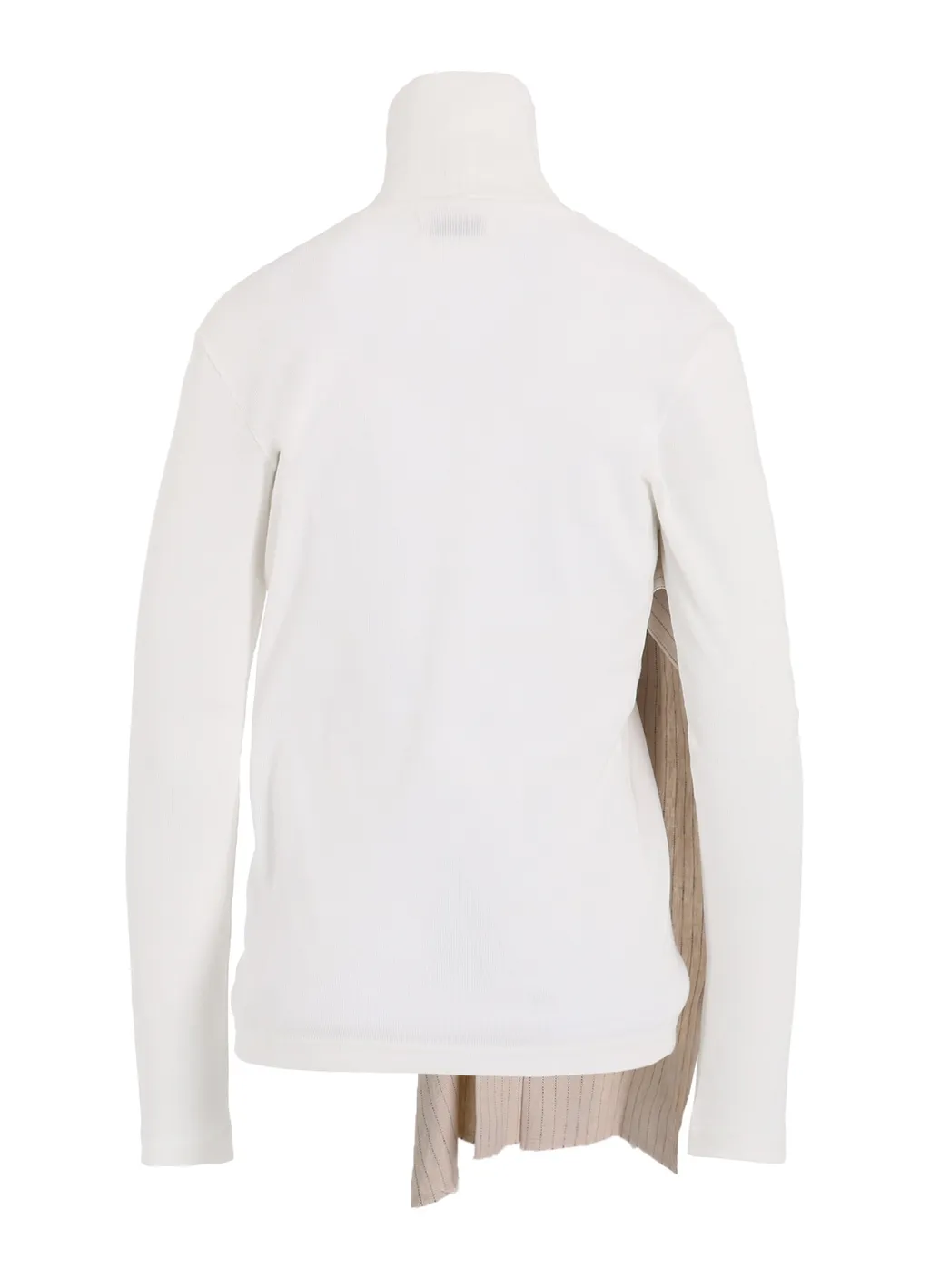 Cotton Rib Jersey Long-Sleeved High-Neck T-Shirt With Pleated Stripes Fabric