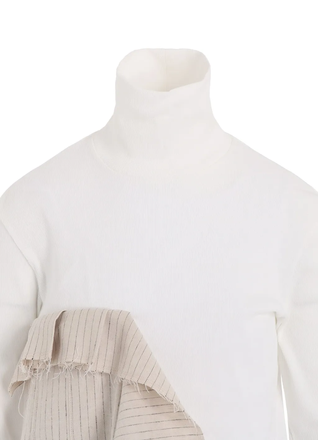 Cotton Rib Jersey Long-Sleeved High-Neck T-Shirt With Pleated Stripes Fabric