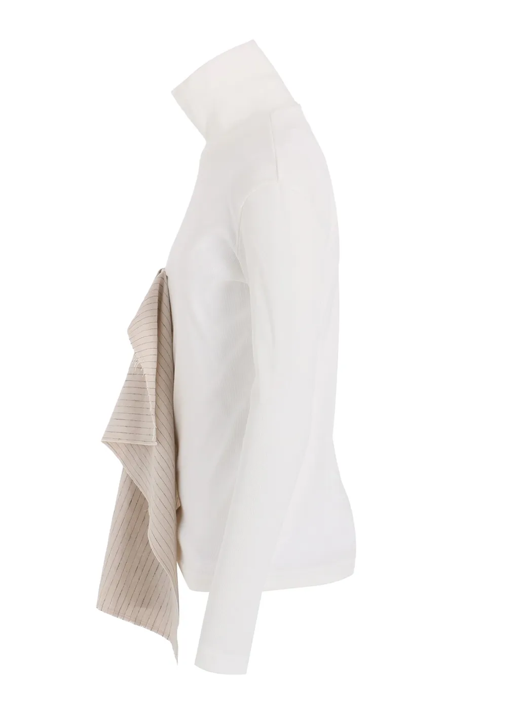 Cotton Rib Jersey Long-Sleeved High-Neck T-Shirt With Pleated Stripes Fabric