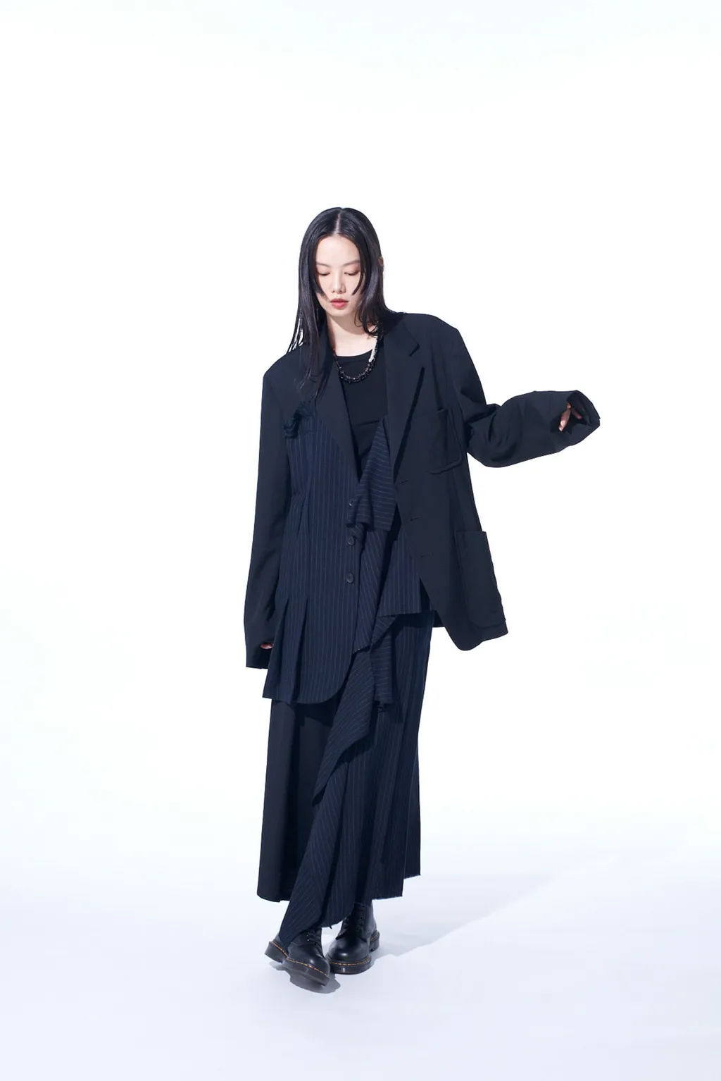 Washer Wool Gabardine Asymmetrical Pleated Jacket