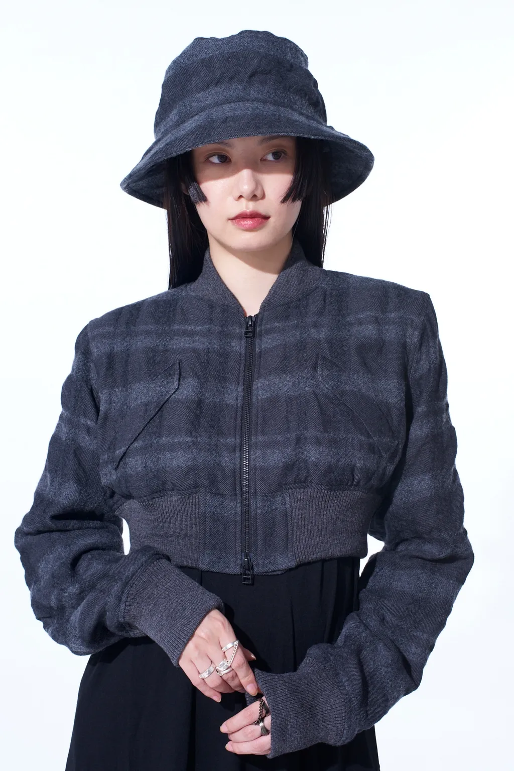 Fulling Finished Shadow Check Cropped Bomber Jacket