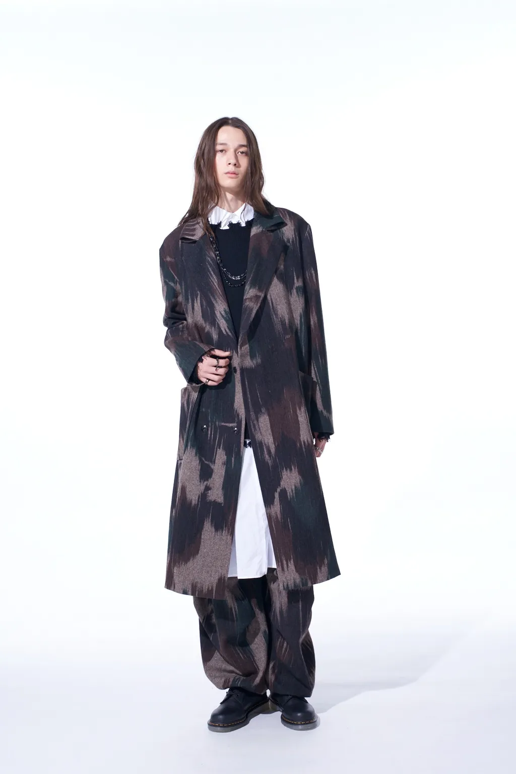 Camouflage Tweed Double-Breasted Snap Button Long Coat