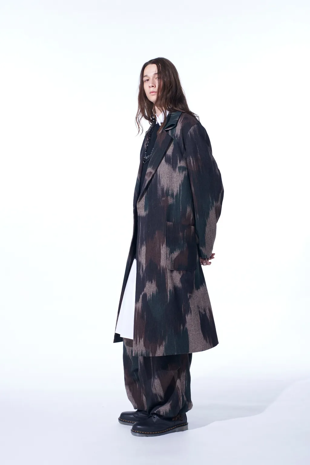 Camouflage Tweed Double-Breasted Snap Button Long Coat