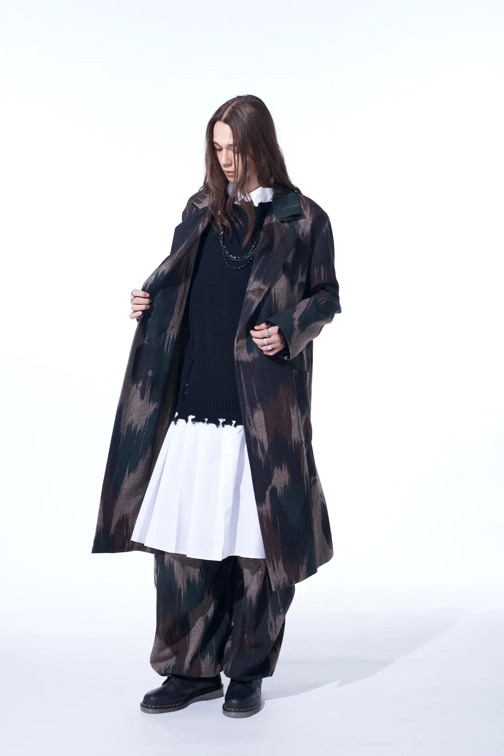 Camouflage Tweed Double-Breasted Snap Button Long Coat