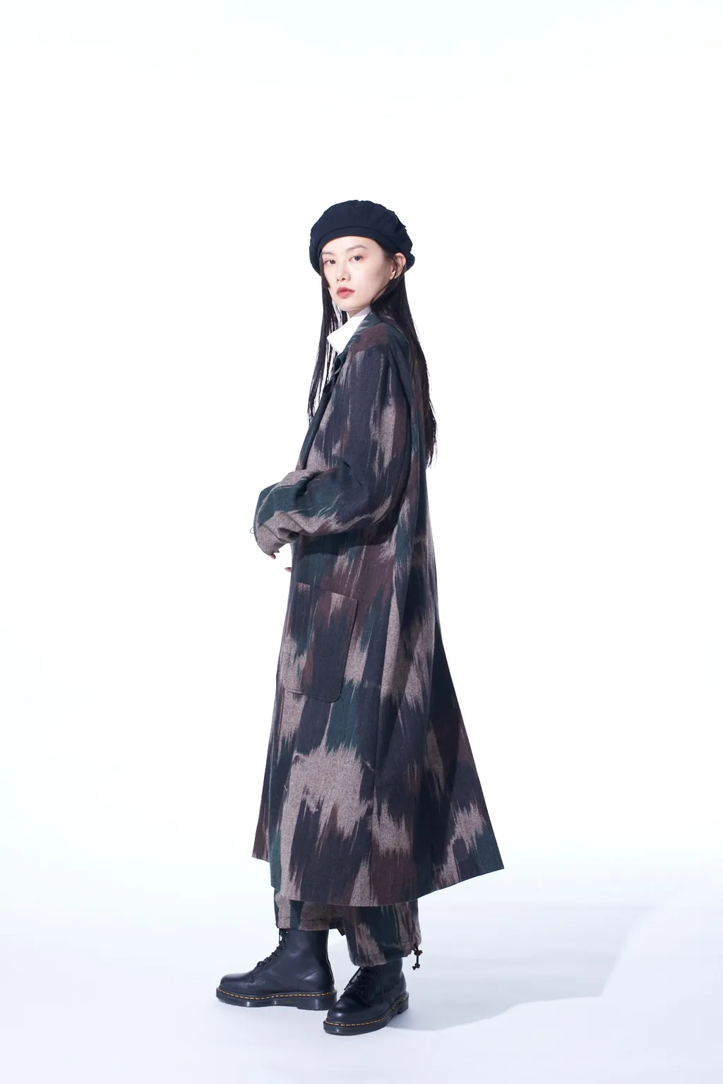 Camouflage Tweed Double-Breasted Snap Button Long Coat