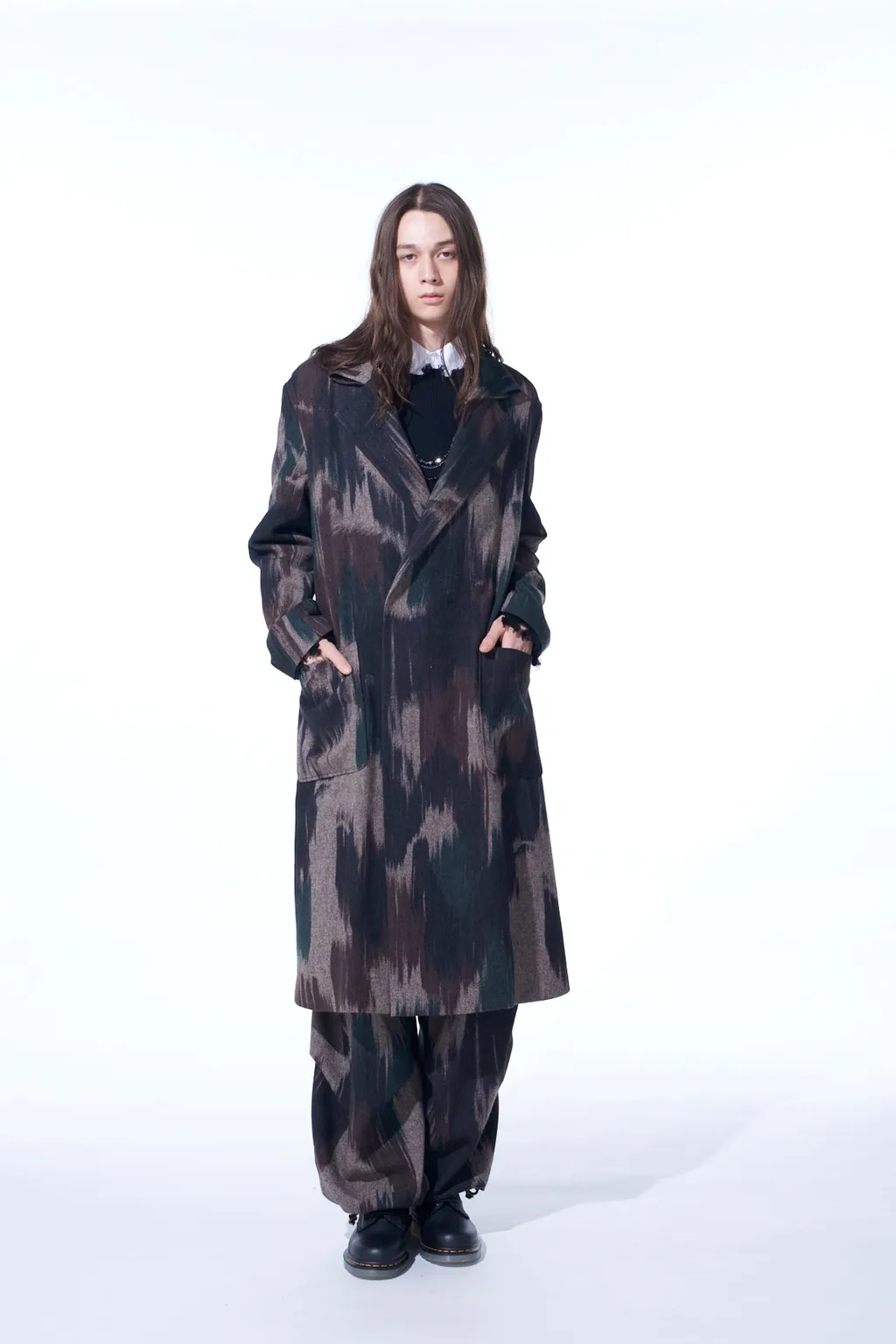 Camouflage Tweed Double-Breasted Snap Button Long Coat