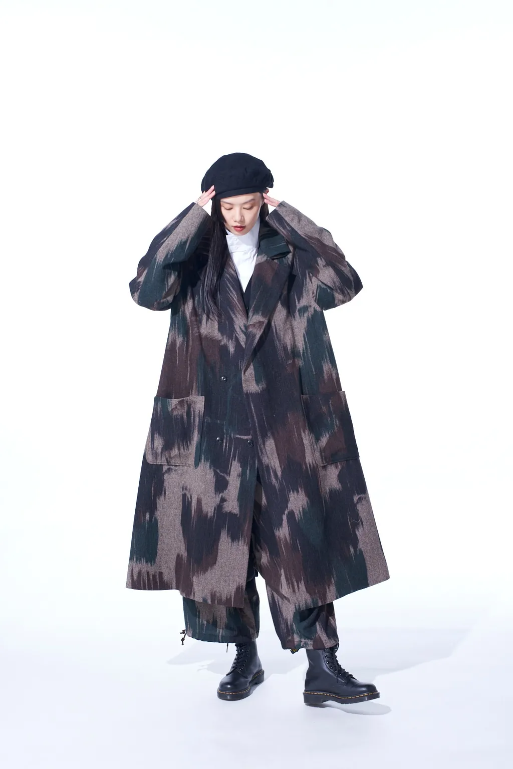 Camouflage Tweed Double-Breasted Snap Button Long Coat