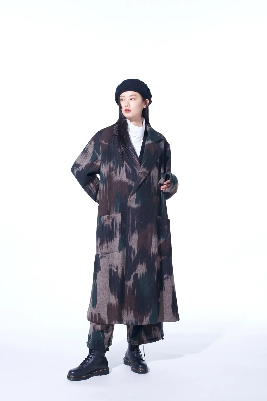 Camouflage Tweed Double-Breasted Snap Button Long Coat