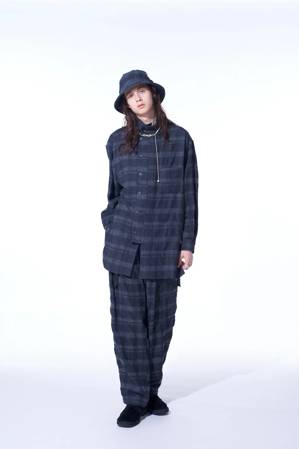 Fulling Finished Shadow Check Multi-Buttoned Sleeves Stand Collar Shirt