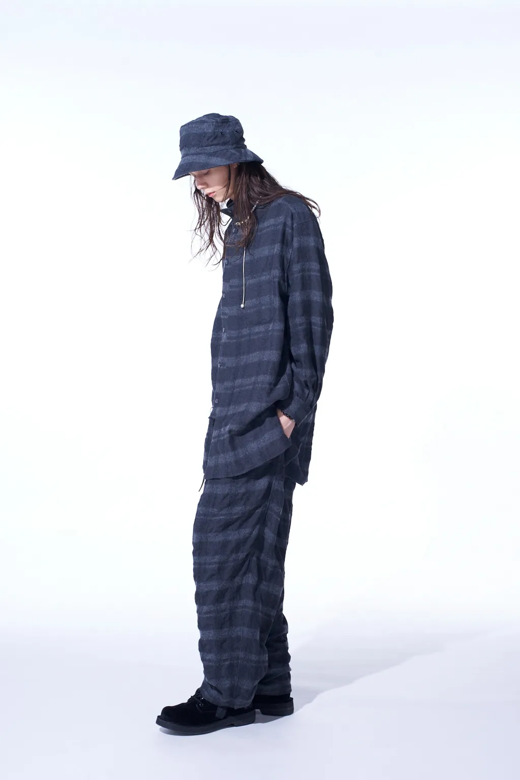 Fulling Finished Shadow Check Multi-Buttoned Sleeves Stand Collar Shirt