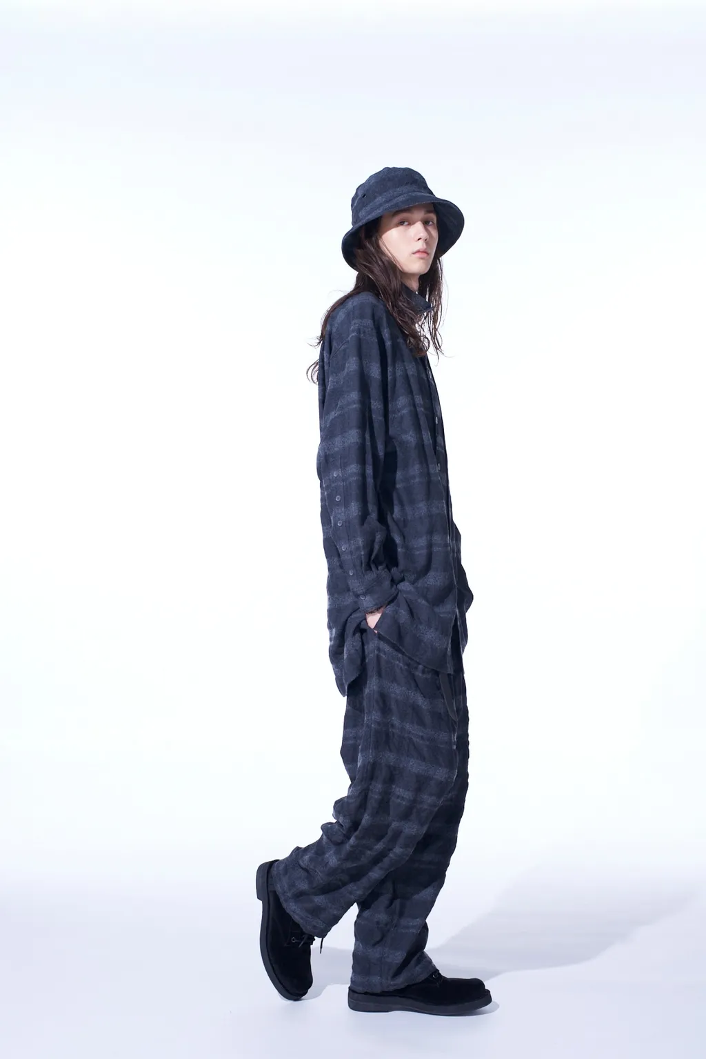 Fulling Finished Shadow Check Multi-Buttoned Sleeves Stand Collar Shirt