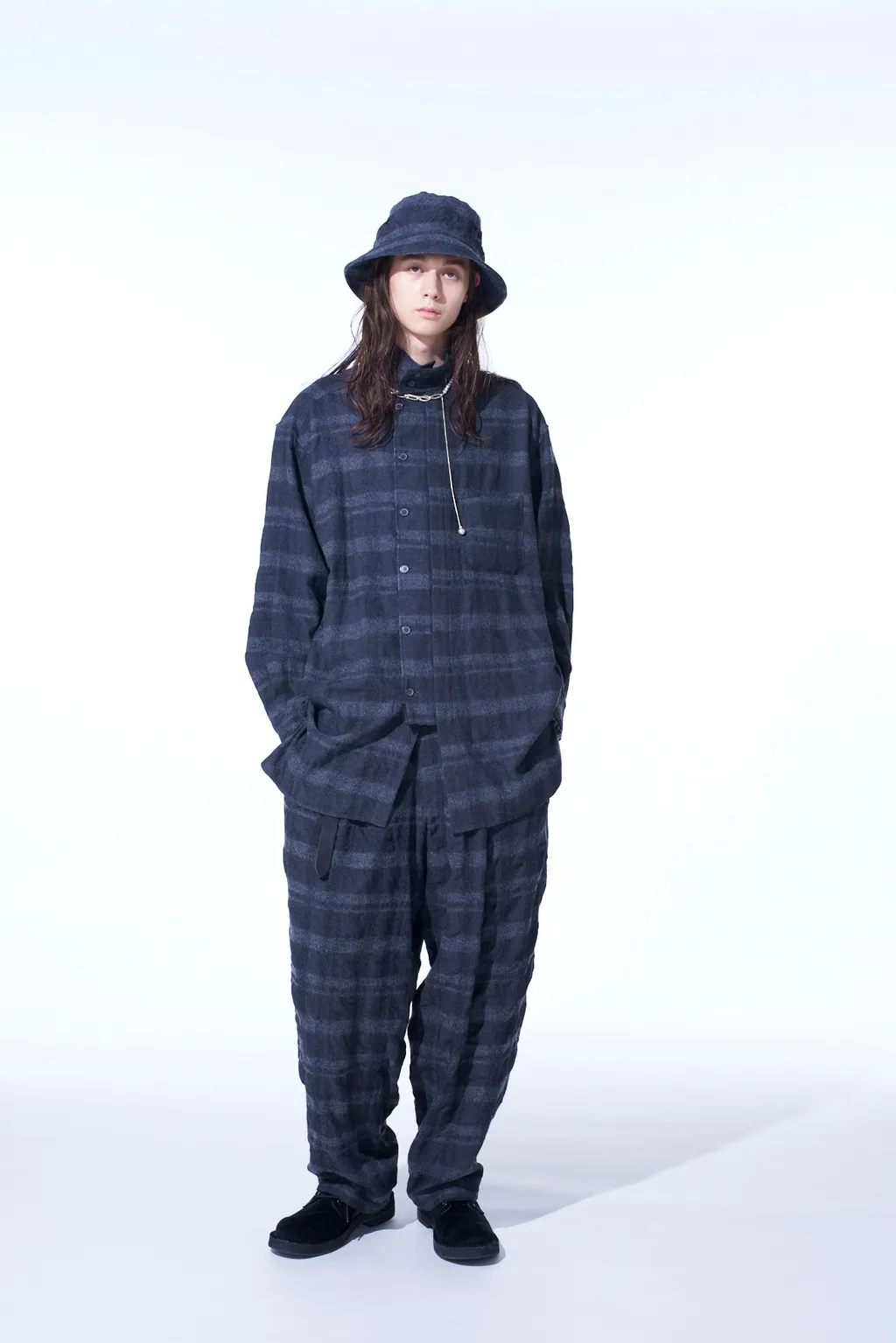 Fulling Finished Shadow Check Multi-Buttoned Sleeves Stand Collar Shirt