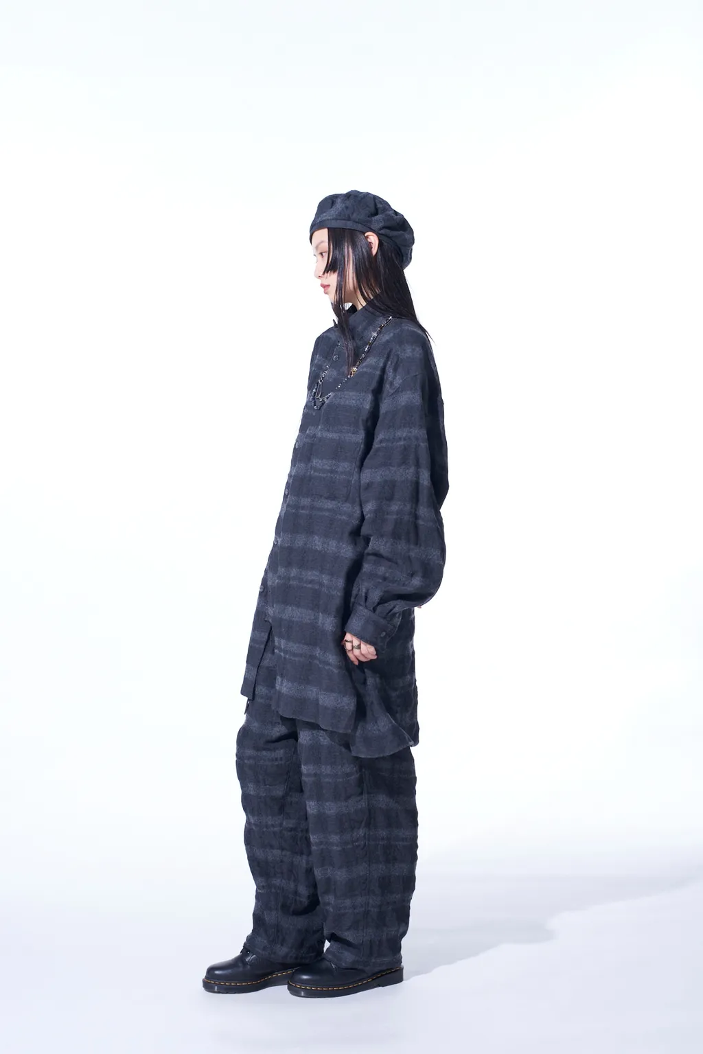 Fulling Finished Shadow Check Multi-Buttoned Sleeves Stand Collar Shirt