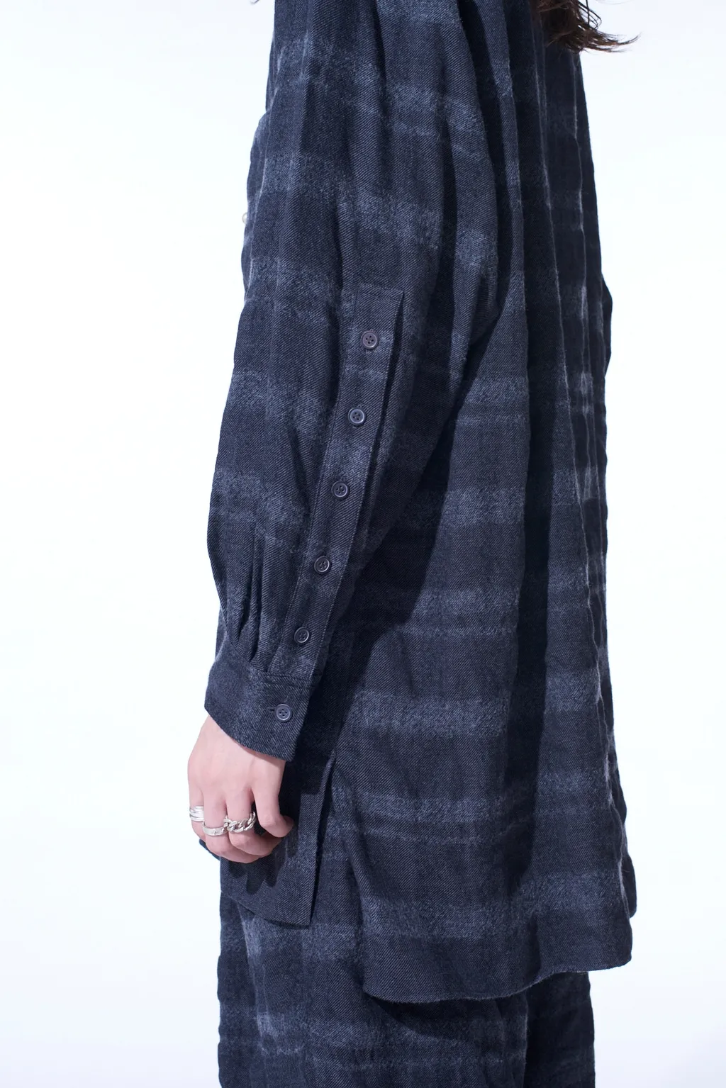 Fulling Finished Shadow Check Multi-Buttoned Sleeves Stand Collar Shirt