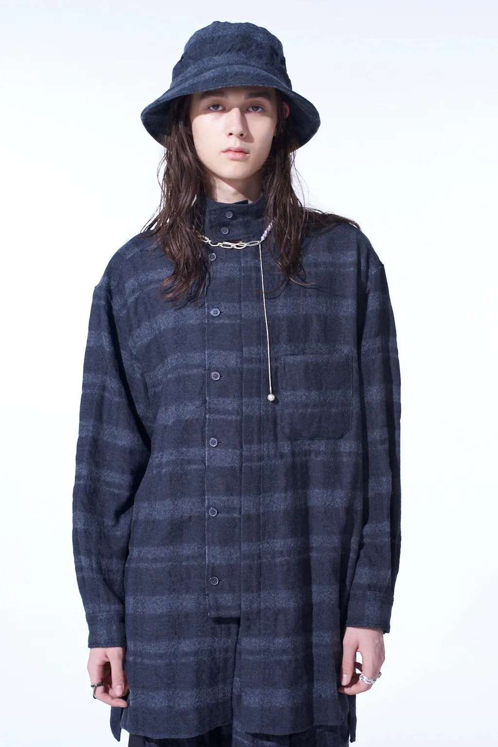 Fulling Finished Shadow Check Multi-Buttoned Sleeves Stand Collar Shirt