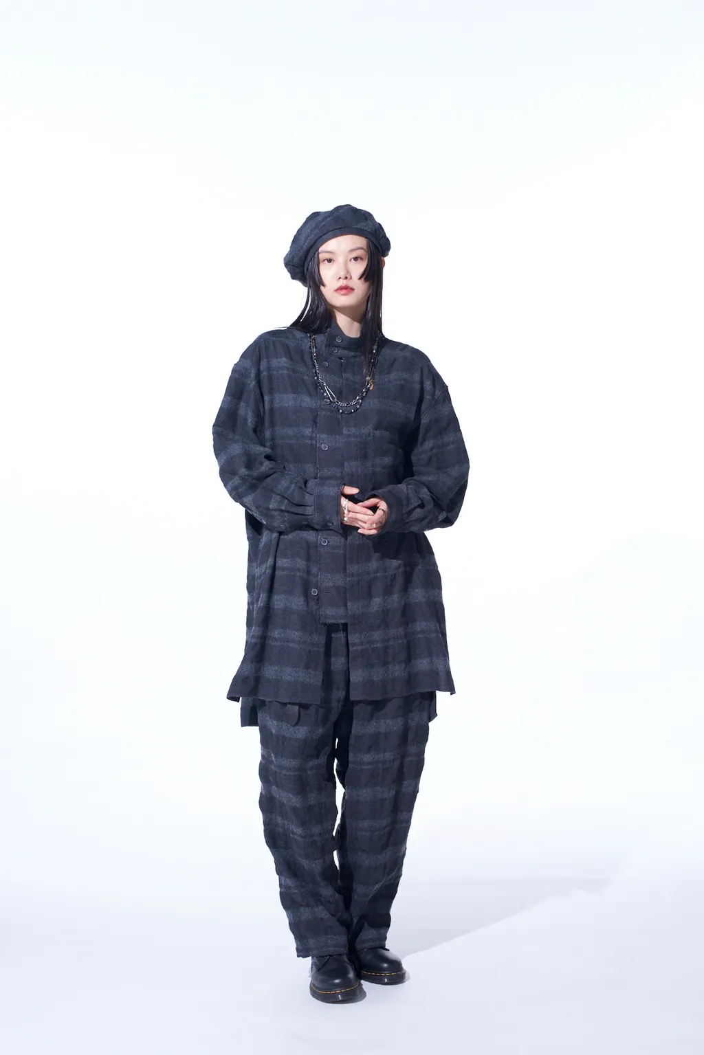 Fulling Finished Shadow Check Multi-Buttoned Sleeves Stand Collar Shirt