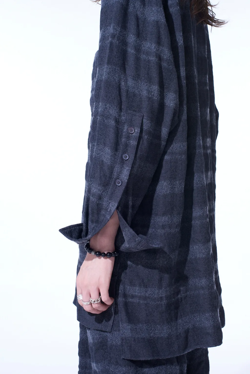Fulling Finished Shadow Check Multi-Buttoned Sleeves Stand Collar Shirt