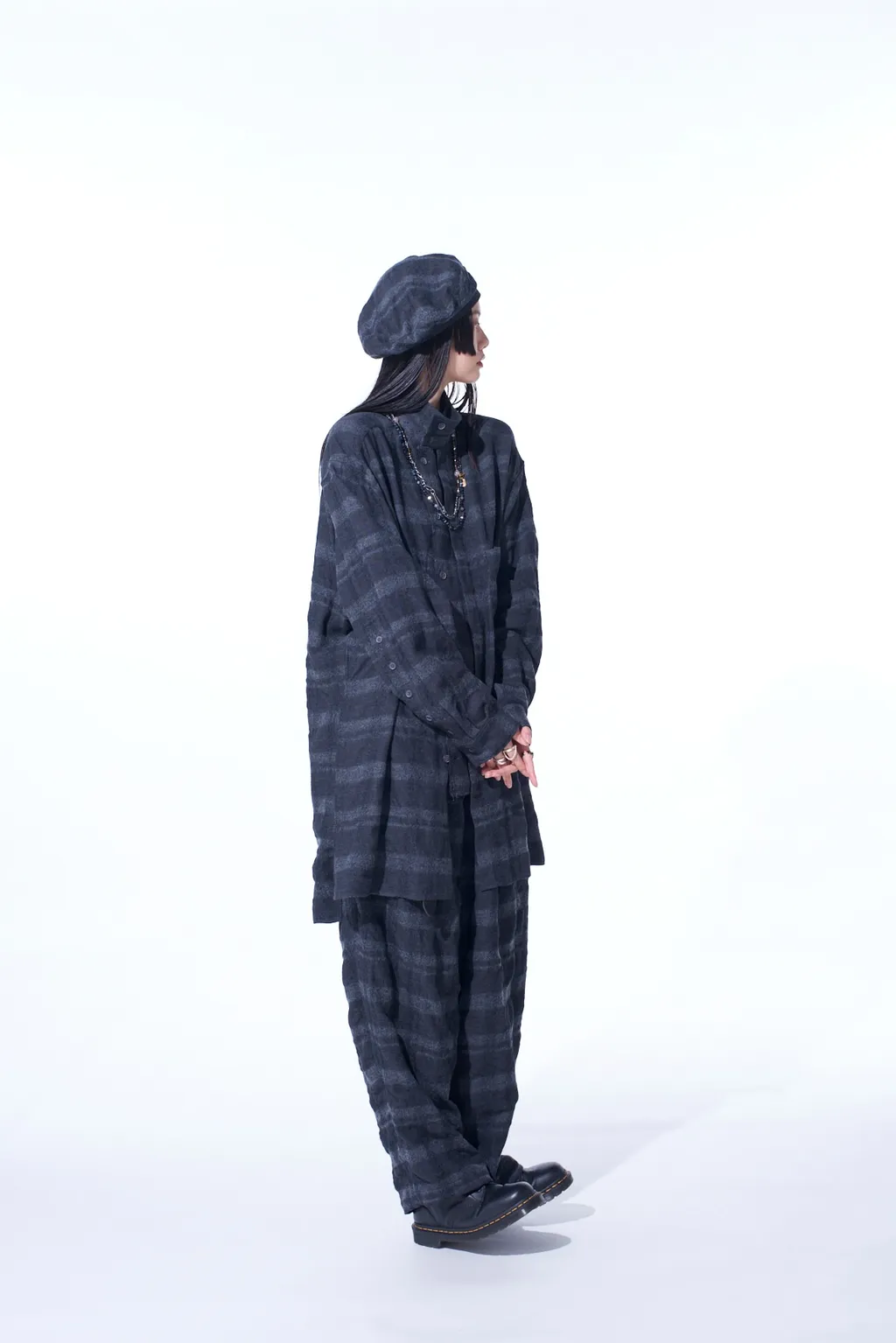 Fulling Finished Shadow Check Multi-Buttoned Sleeves Stand Collar Shirt
