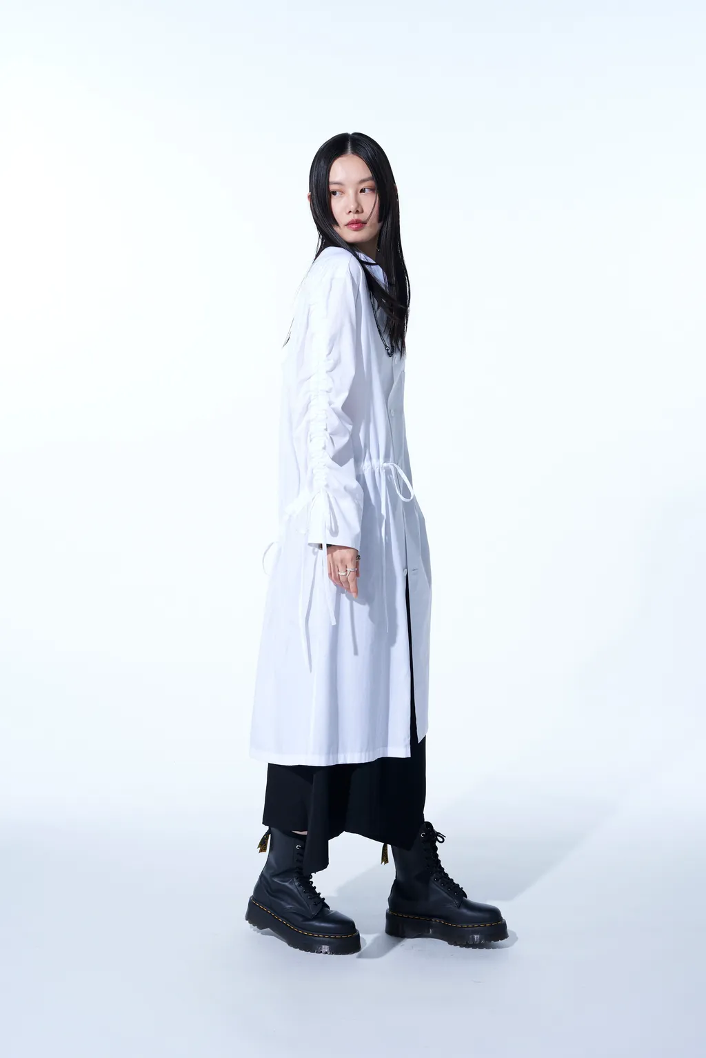 Cotton Broad Cloth Oversized Long Shirt With Gathered Strings