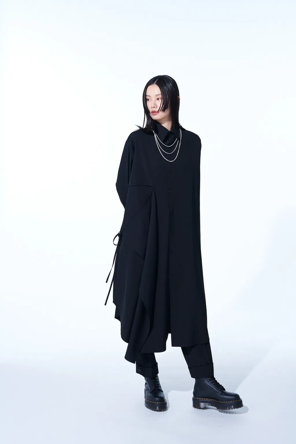 Washer Finished Wool Gabardine Shirt Dress With Double-Tailored Right Front