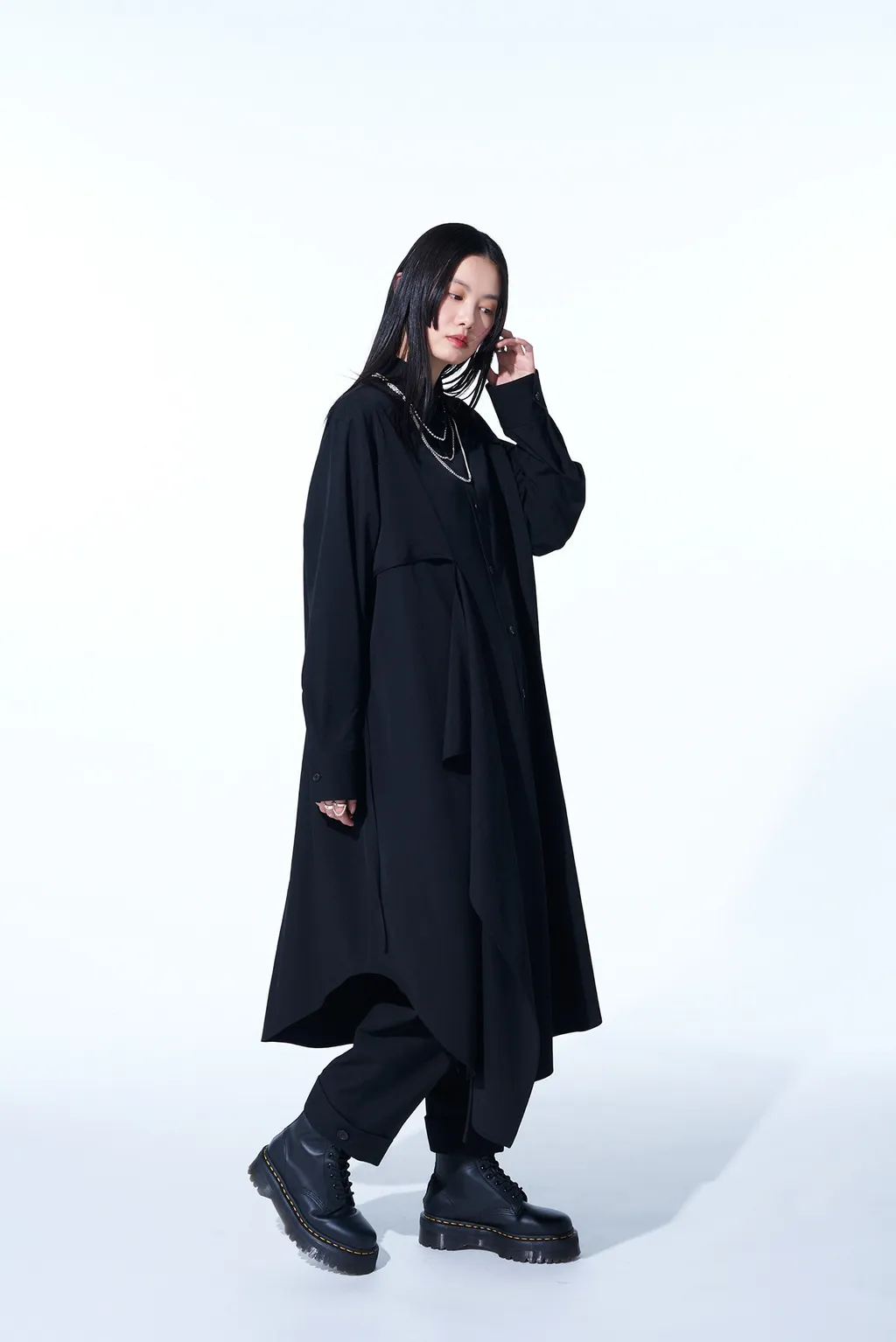 Washer Finished Wool Gabardine Shirt Dress With Double-Tailored Right Front