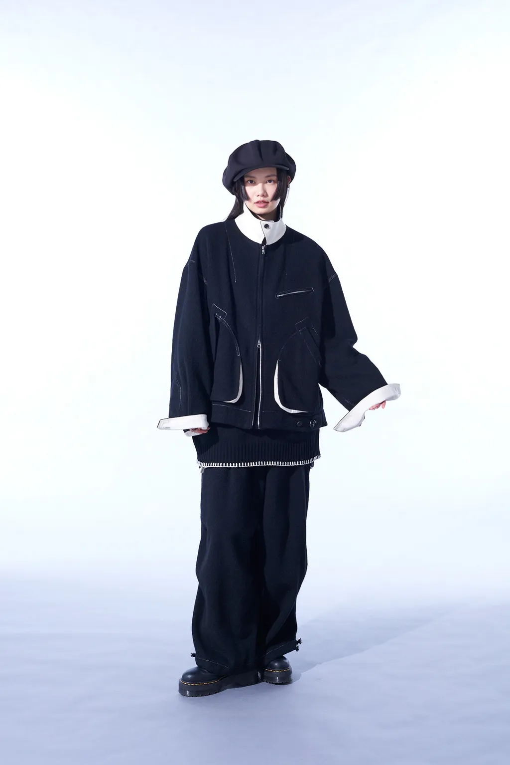 Eco Wool Beaver White Stitch Cargo Pants With Asymmetrical Pockets