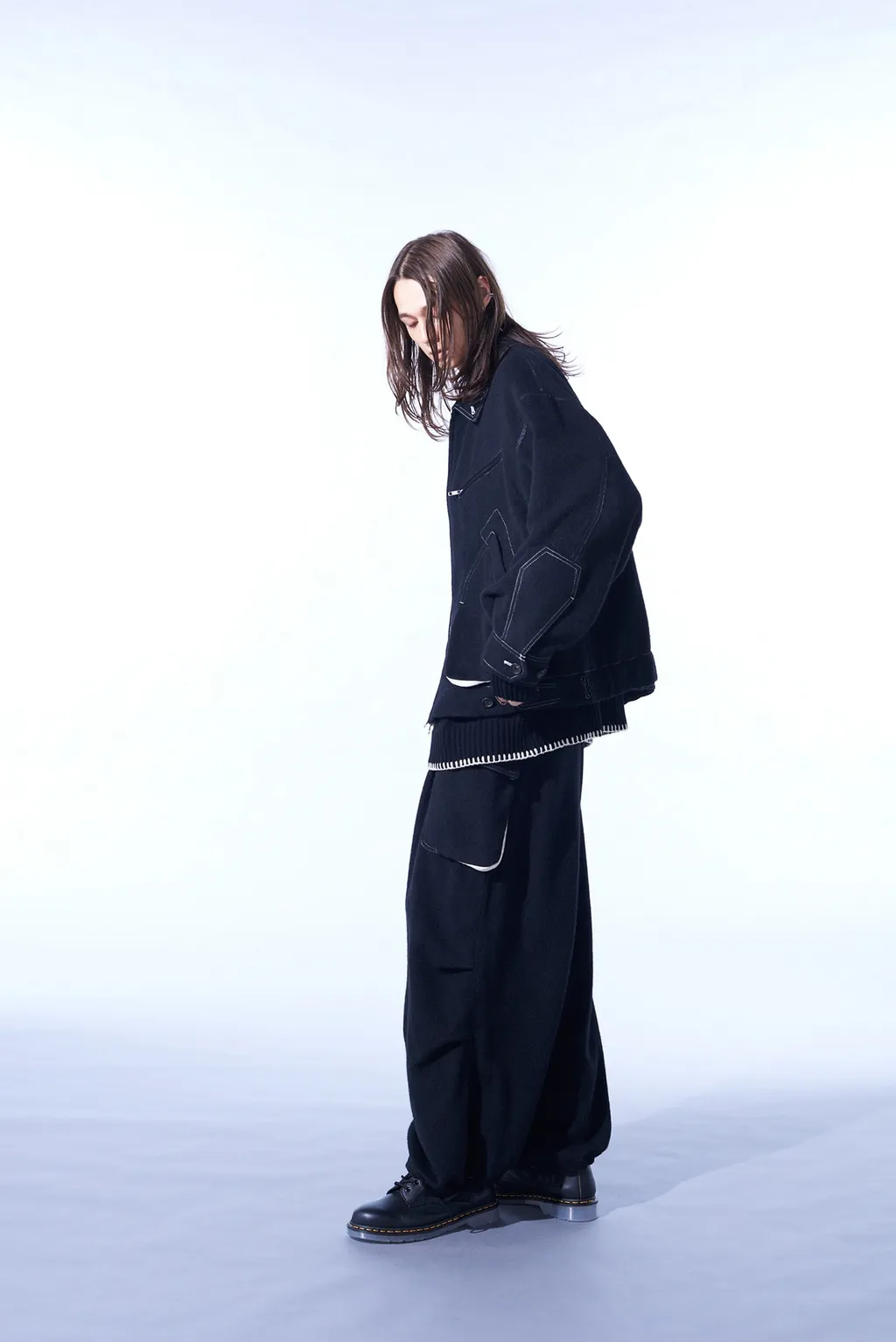 Eco Wool Beaver White Stitch Cargo Pants With Asymmetrical Pockets