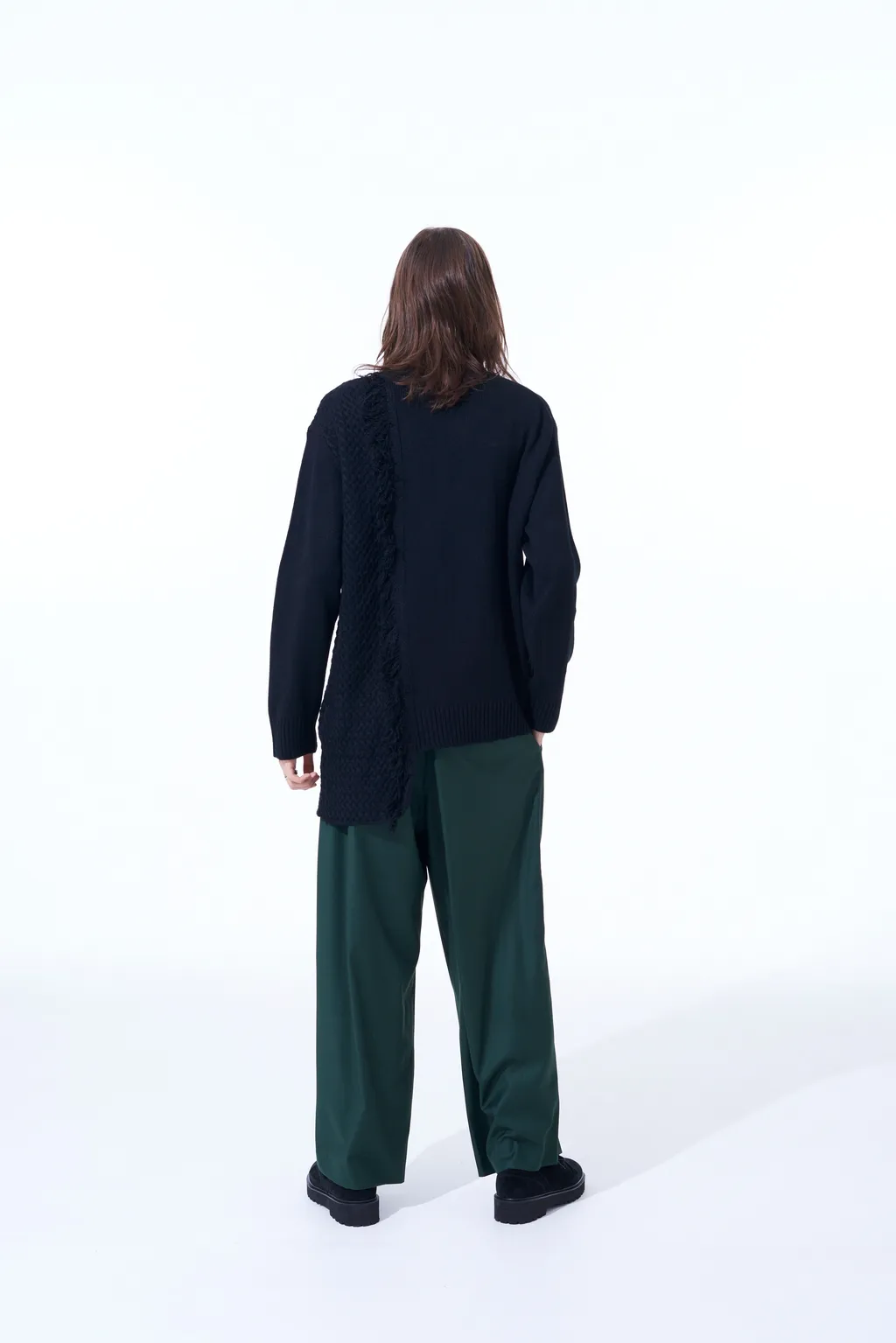 Asymmetrical Design Knit With Fringe Detail Switched To Jacquard Knitting