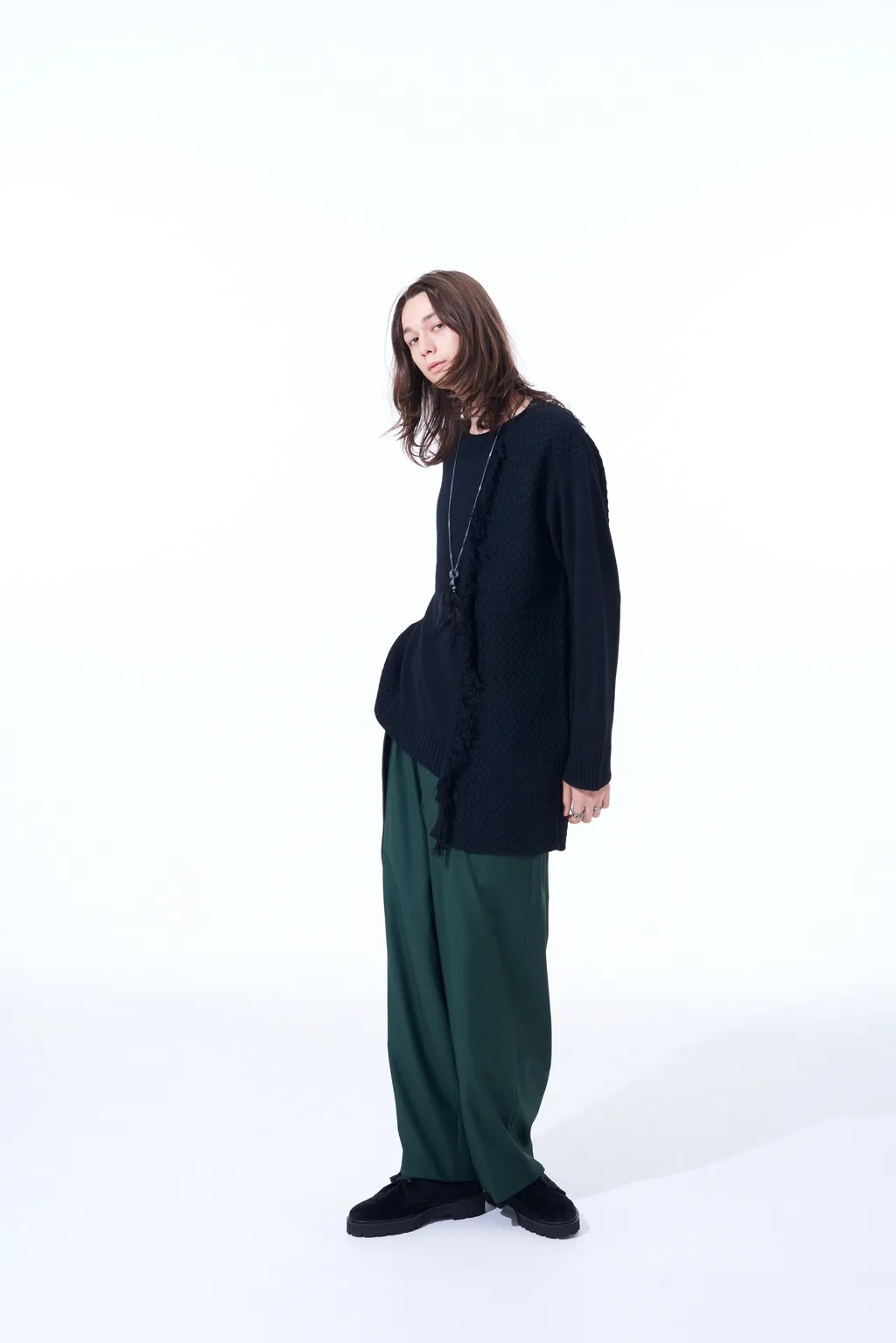Asymmetrical Design Knit With Fringe Detail Switched To Jacquard Knitting