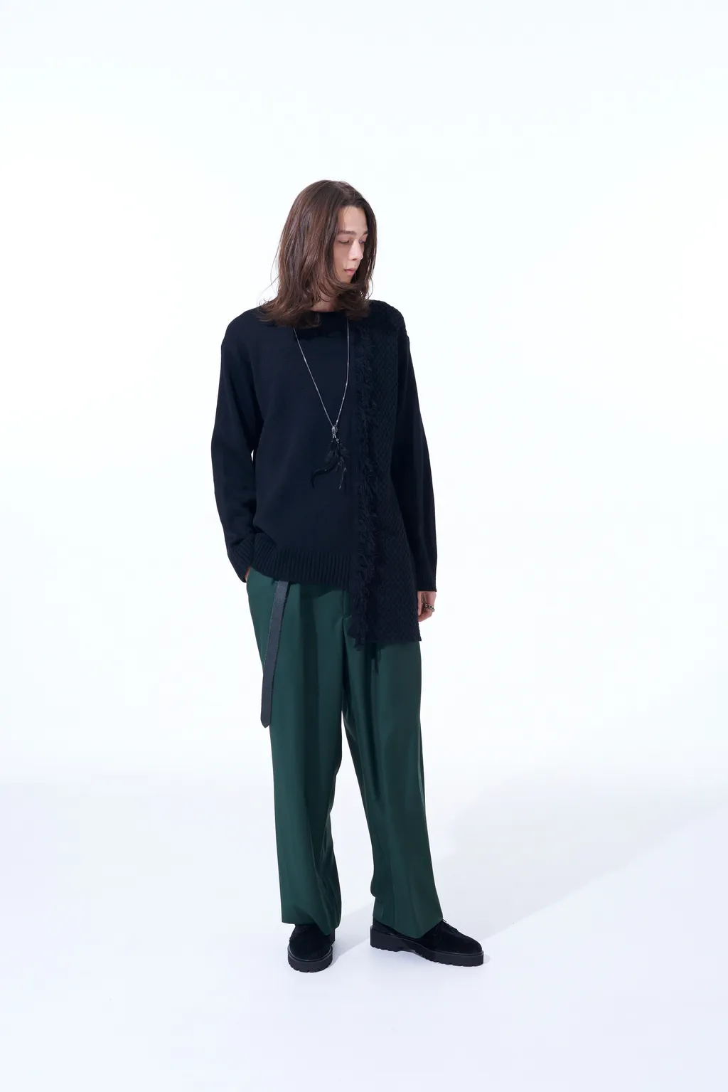 Asymmetrical Design Knit With Fringe Detail Switched To Jacquard Knitting