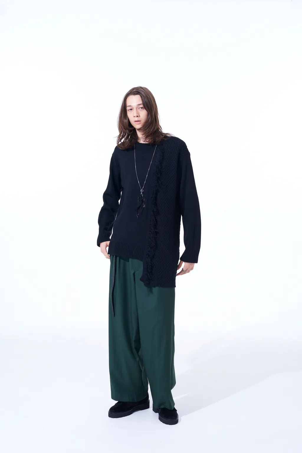 Asymmetrical Design Knit With Fringe Detail Switched To Jacquard Knitting