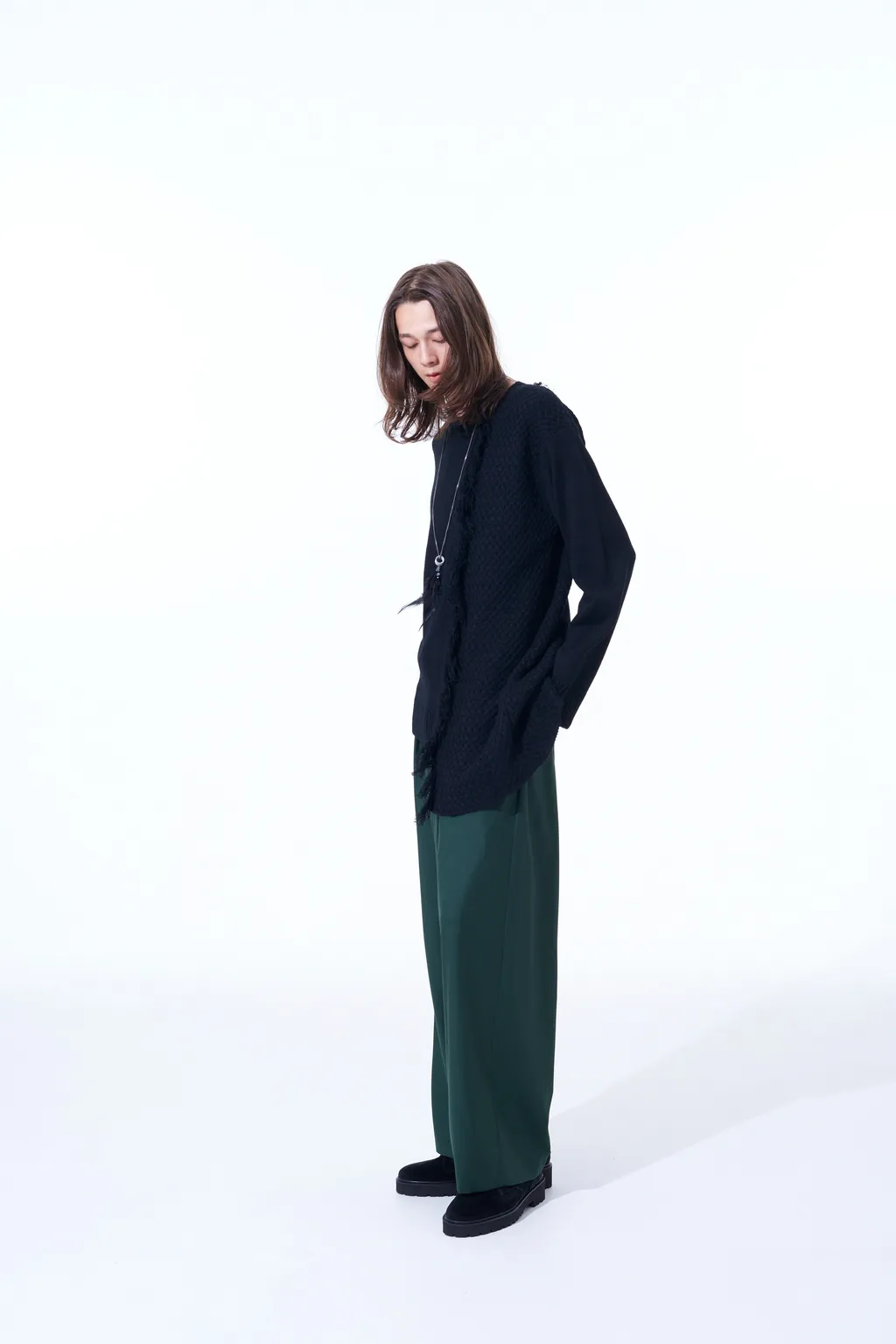 Asymmetrical Design Knit With Fringe Detail Switched To Jacquard Knitting