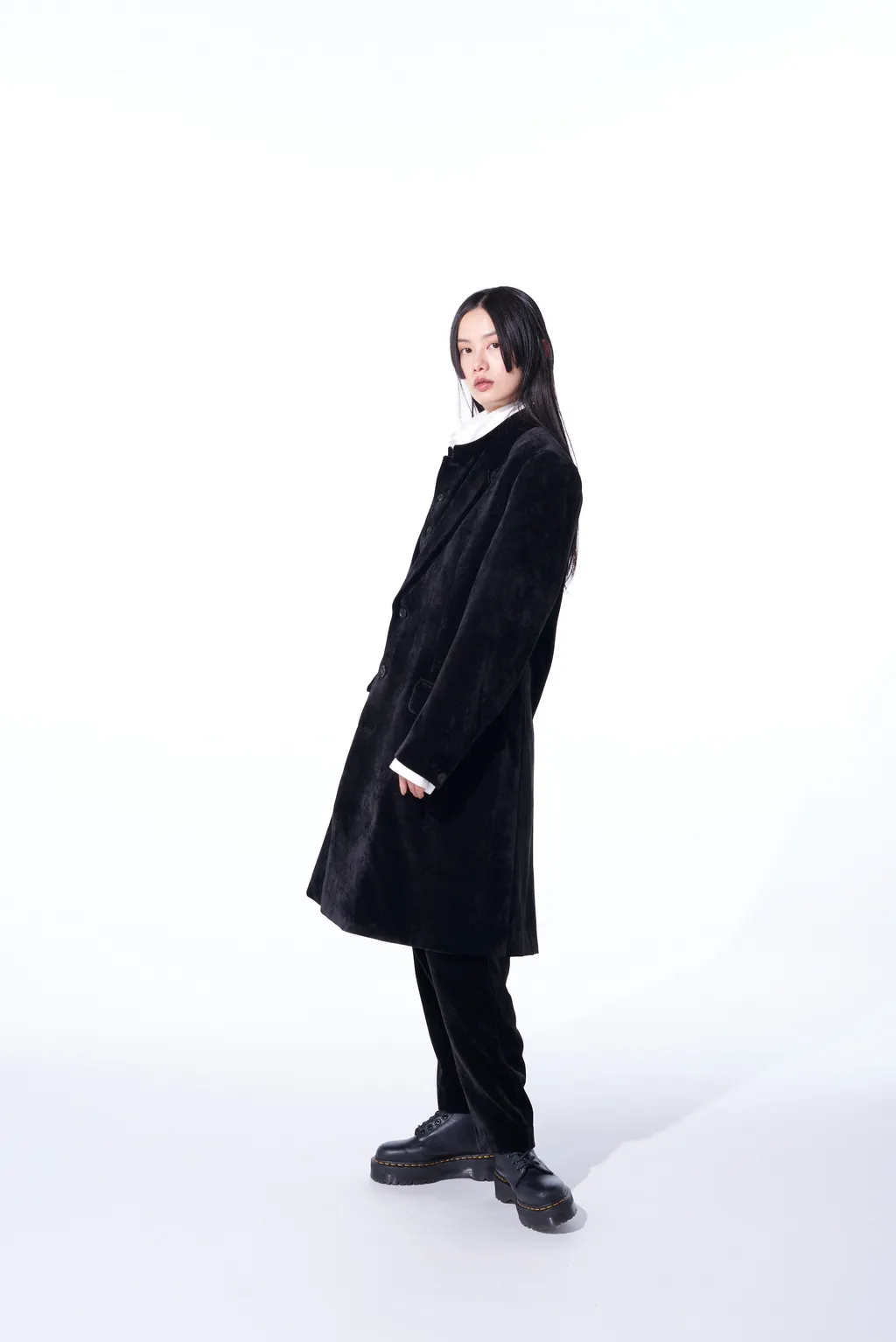 Velveteen Notched Lapel Long Jacket