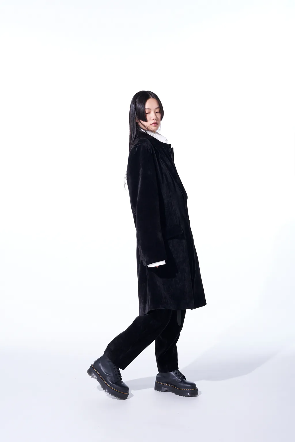 Velveteen Notched Lapel Long Jacket