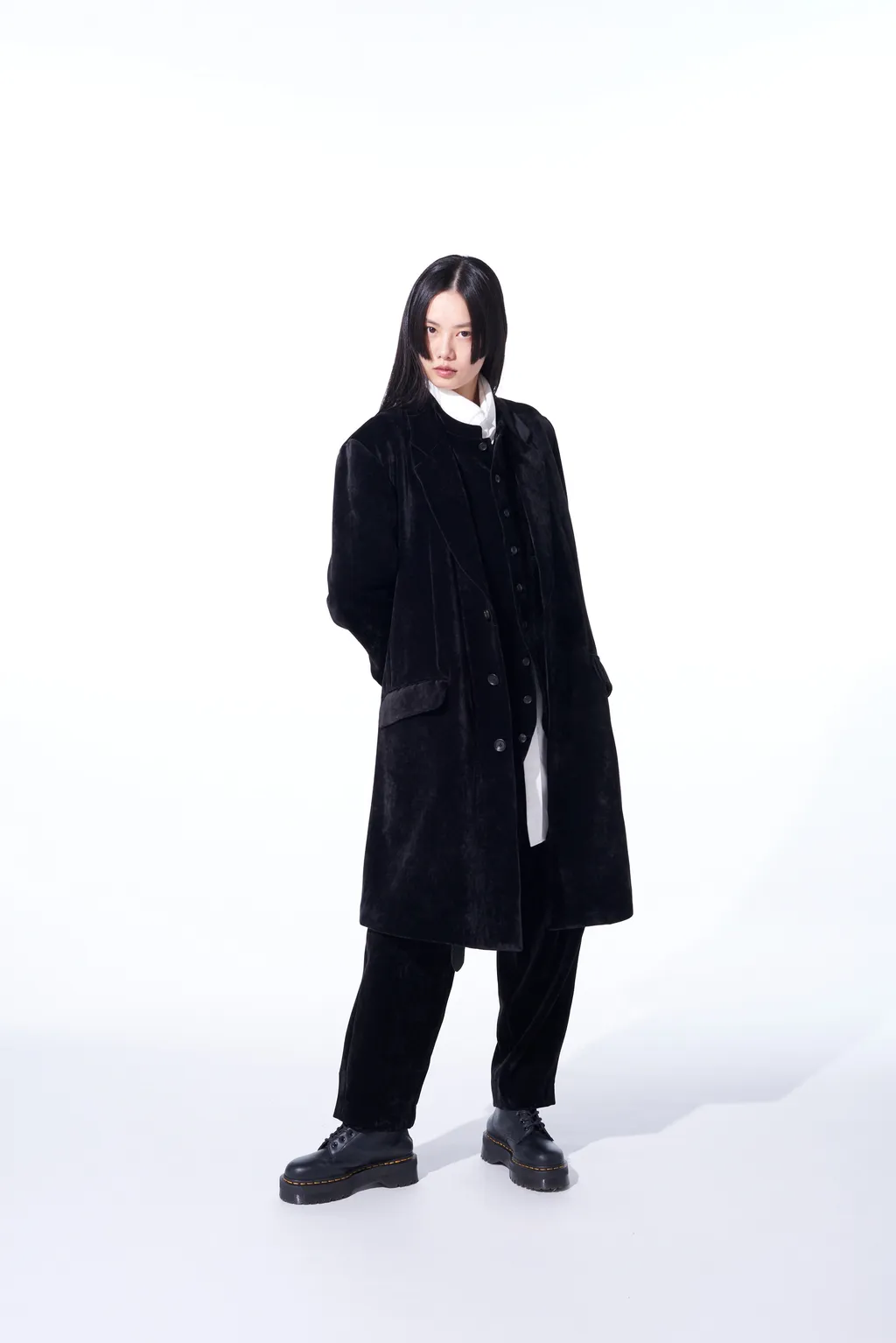 Velveteen Notched Lapel Long Jacket