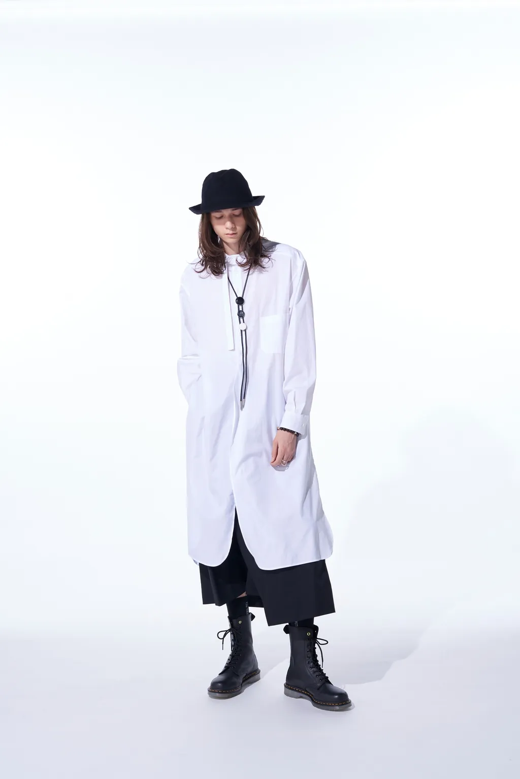 Cotton Broad Cloth Stand Collar Long Shirt With Rounded Hem