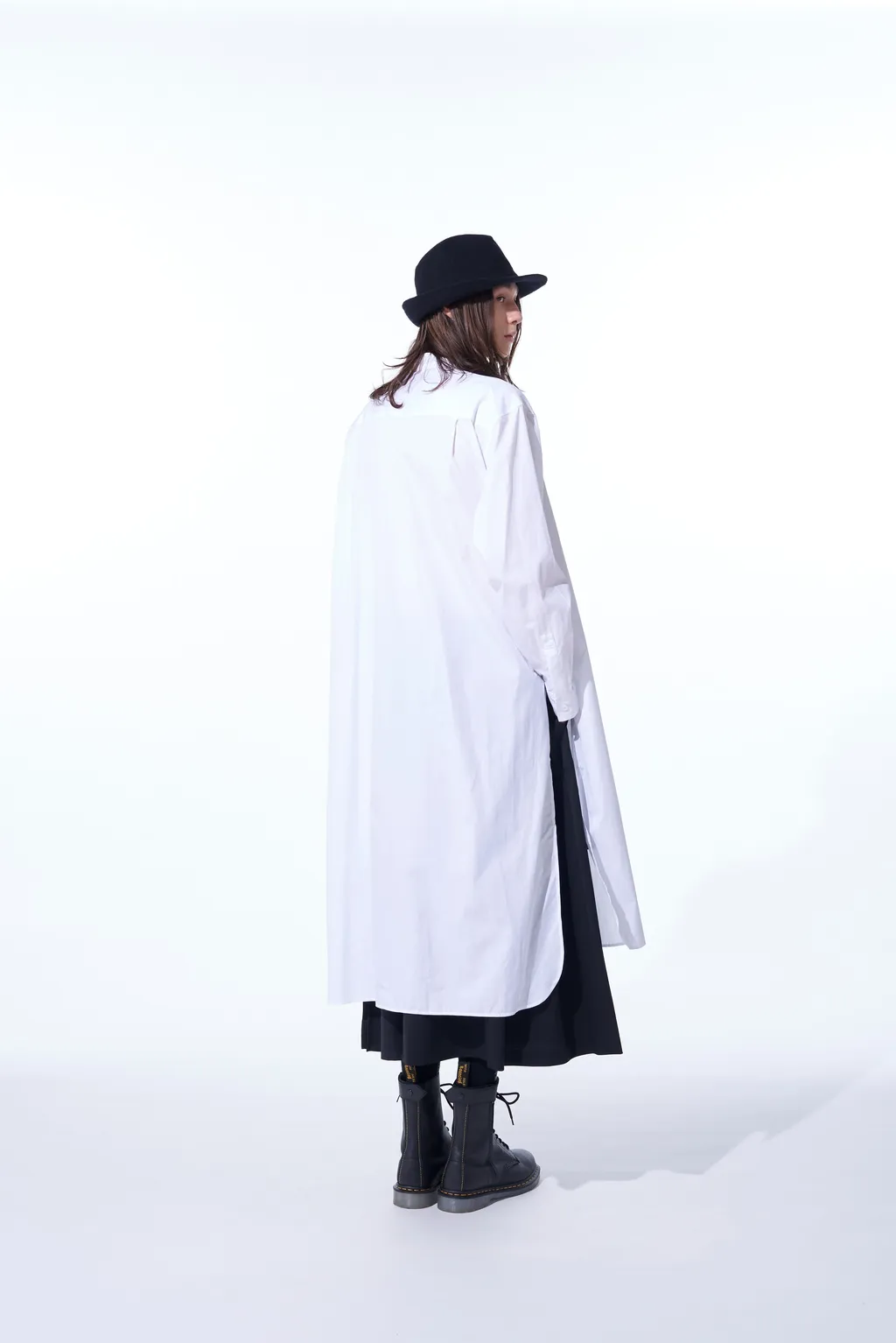 Cotton Broad Cloth Stand Collar Long Shirt With Rounded Hem