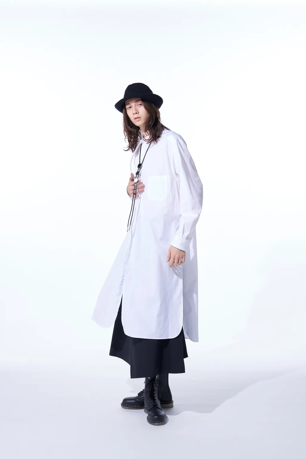 Cotton Broad Cloth Stand Collar Long Shirt With Rounded Hem