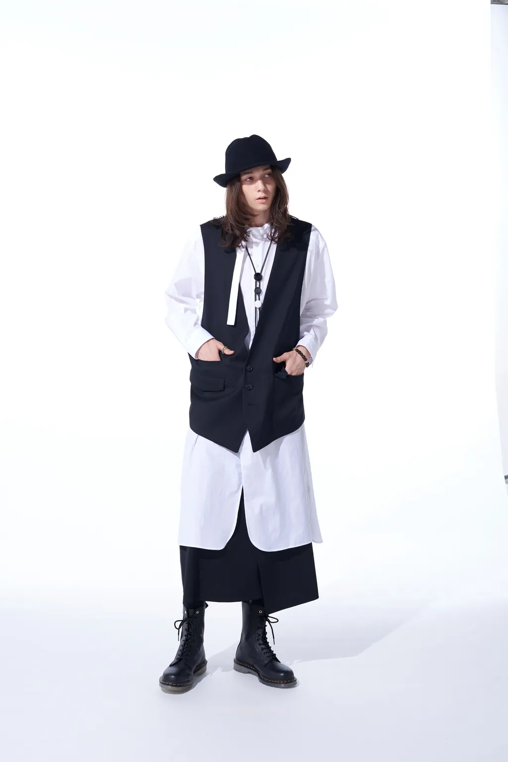 Cotton Broad Cloth Stand Collar Long Shirt With Rounded Hem