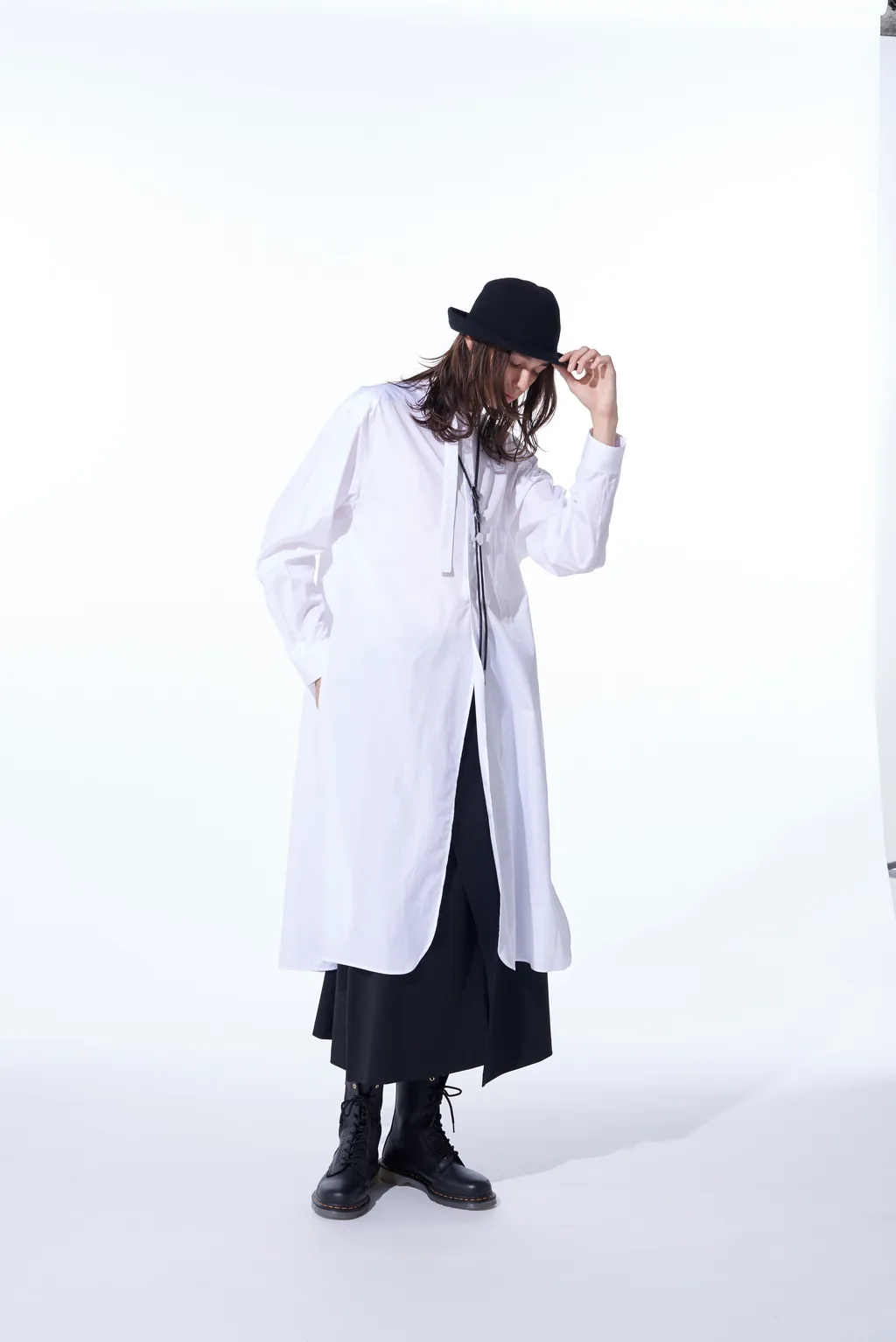 Cotton Broad Cloth Stand Collar Long Shirt With Rounded Hem